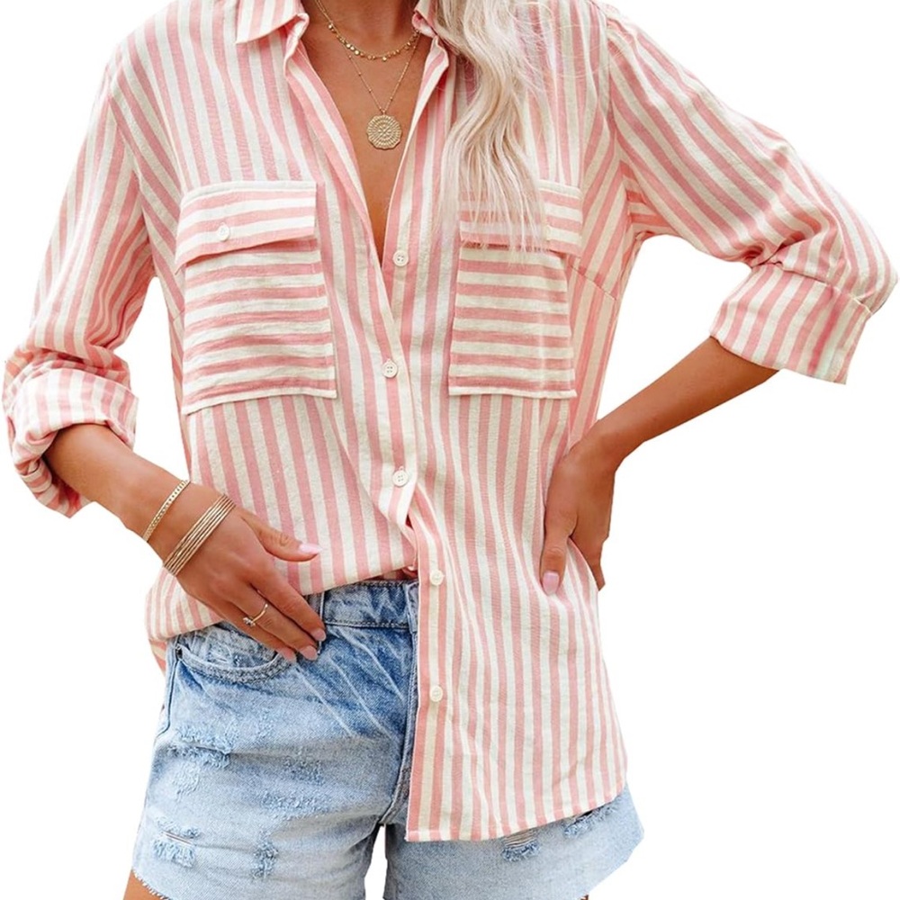 Relaxed Pink Stripe Button-Down Shirt with Chest Pockets